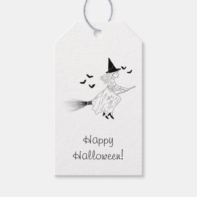 Häxa Och Fladdermöss Linje Konst Enkel Glad Hallow Presentetikett (Framsidan)