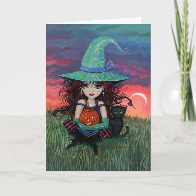 Häxa och katt Halloween-kort Kort (Framsida)