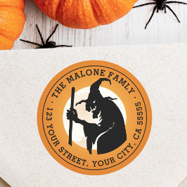 Häxa och mån Halloween orange returadress Runt Klistermärke