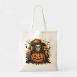 Häxa och pumpa från Halloween på en Tygkasse