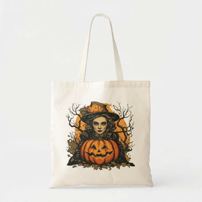 Häxa och pumpa från Halloween på en Tygkasse (Framsidan)