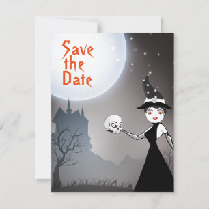 Häxa och skalle par fullmåne Halloween bröllop Spara Datumet