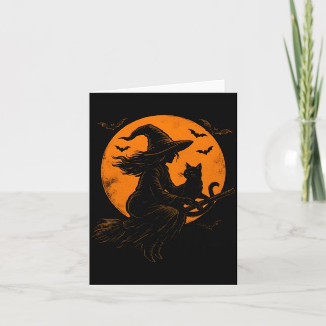 Häxa Och Söt Svart Kattunge För Halloween Kort (Framsida)