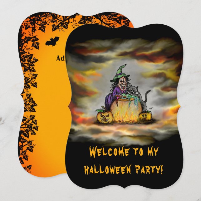 Häxa och svart katt, Glad Halloween! Inbjudningar (Fram/baksida)