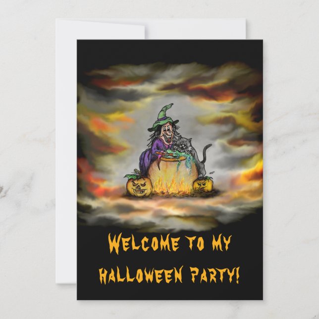 Häxa och svart katt, Glad Halloween! Inbjudningar (Framsida)