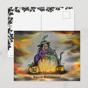 Häxa och svart katt, Glad Halloween! Vykort