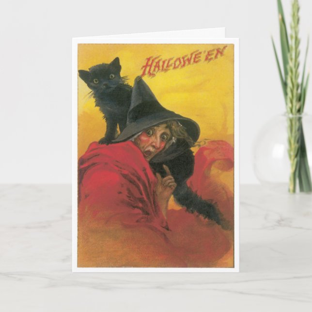 Häxa Och Svart Katt Vintagekort Kort (Framsida)