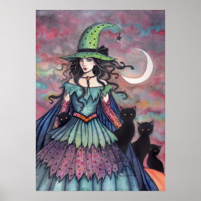 Häxa och svarta katters Halloween-konst Poster (Framsidan)