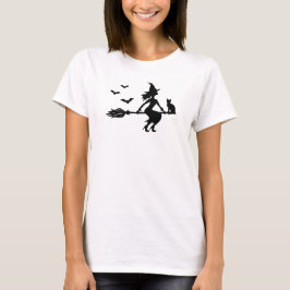 Häxa På En Kvast Med Katt Och Fladdermöss Hallowee T Shirt