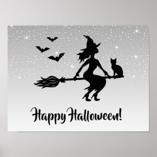 Häxa På En Kvast Silver Grå Och Svart Halloween Poster