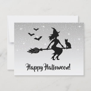 Häxa På En Kvast Silver Grå Och Svart Halloween Vykort