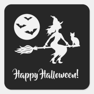 Häxa På En Kvast Svart Och Vit God Halloween Fyrkantigt Klistermärke