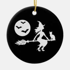 Häxa På En Kvast Svart Och Vit God Halloween Julgransprydnad Keramik