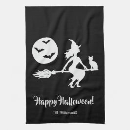 Häxa På En Kvast Svart Och Vit God Halloween Kökshandduk
