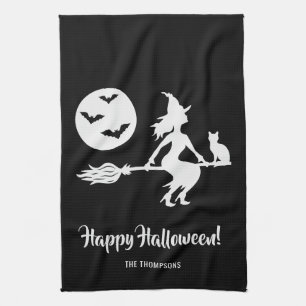 Häxa På En Kvast Svart Och Vit God Halloween Kökshandduk