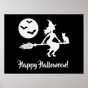 Häxa På En Kvast Svart Och Vit God Halloween Poster