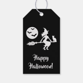 Häxa På En Kvast Svart Och Vit God Halloween Presentetikett