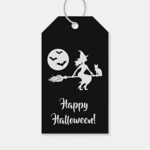 Häxa På En Kvast Svart Och Vit God Halloween Presentetikett