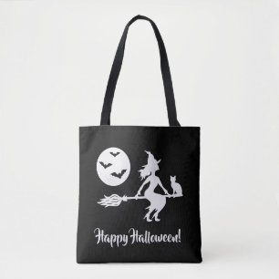 Häxa På En Kvast Svart Och Vit God Halloween Tygkasse
