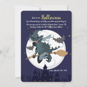 Häxa på kvast Halloweenfest-inbjudan Inbjudningar