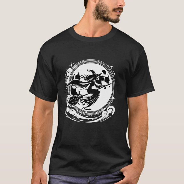 Häxa på kvast med fullmåne Rolig design för hal T Shirt (Framsida)