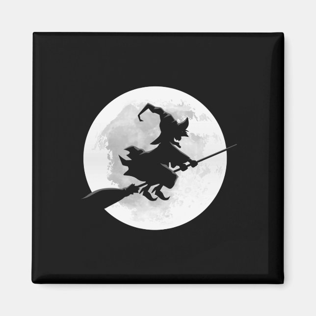 Häxa på kvast med fullmåne rolig design för magnet (Framsidan)