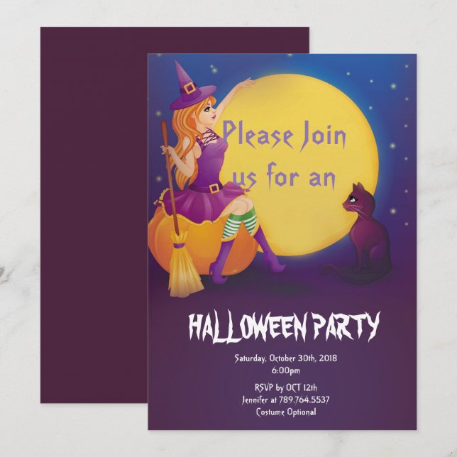 häxa sitta på pumpa med katt Halloween fest Inbjudningar (Fram/baksida)