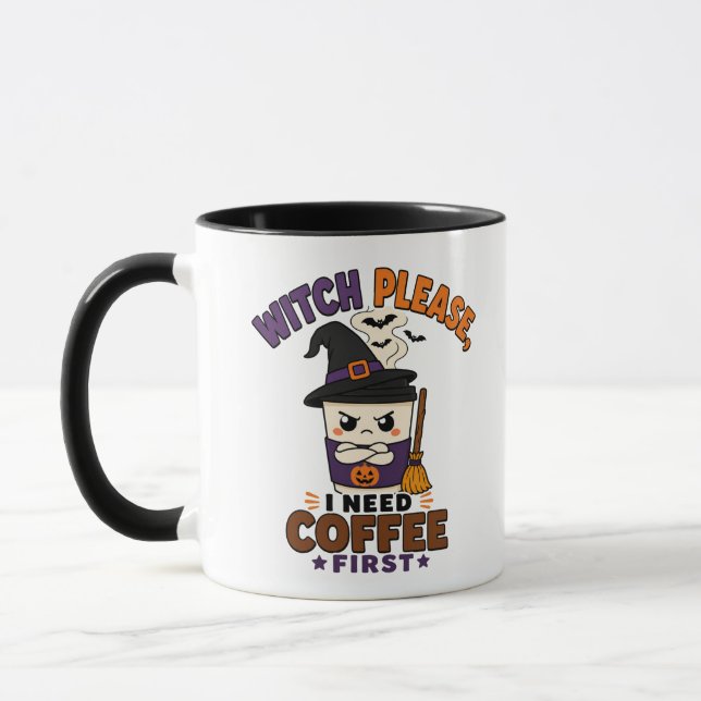 Häxa, snälla, jag behöver kaffe först Svart Hallow Mugg (Vänster)