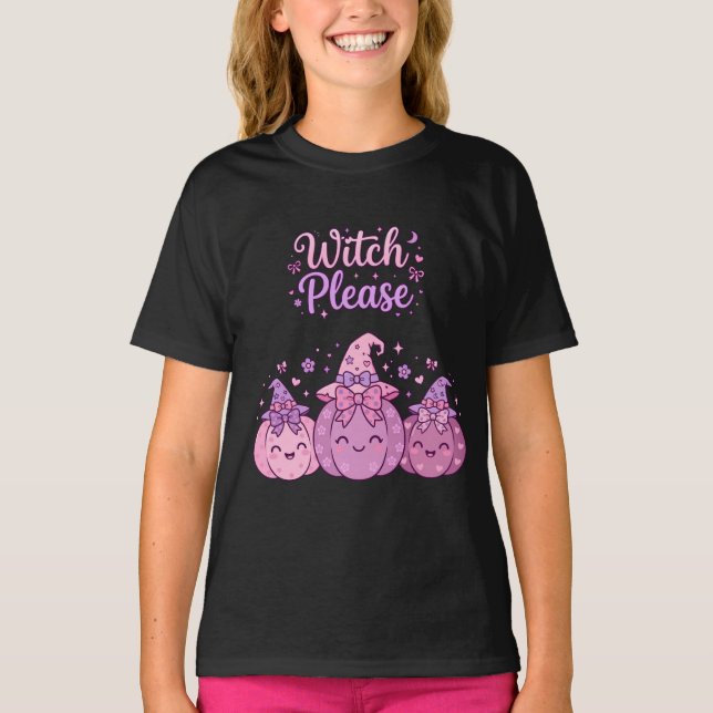 Häxa Snälla Rosa Häxa Hatt Pumpa Bow Cute Höst  T Shirt (Framsida)