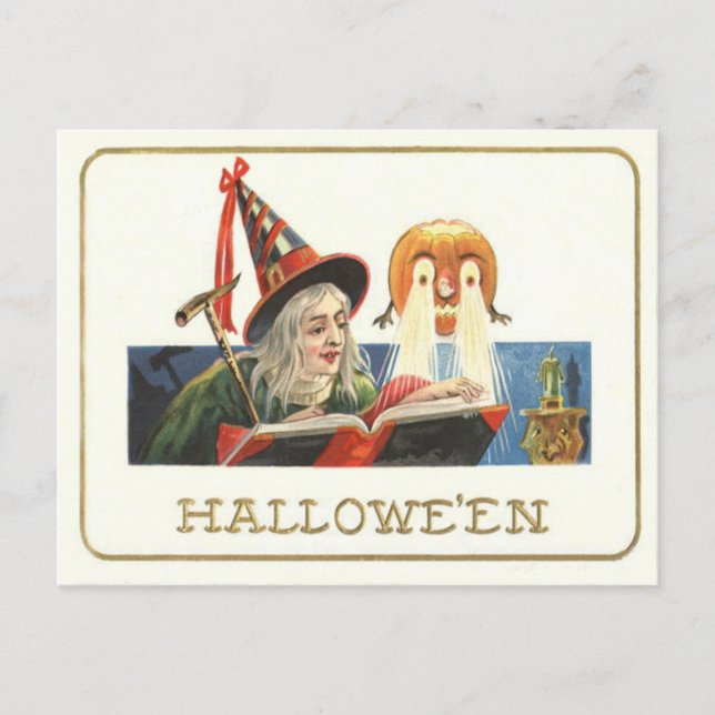Häxa som läser Jack O Lantern-pumpa Vykort (Framsida)