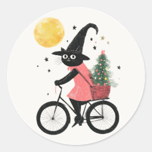 Häxa Svart Katt Cykling Särpräglad & Kuslig Jul Runt Klistermärke