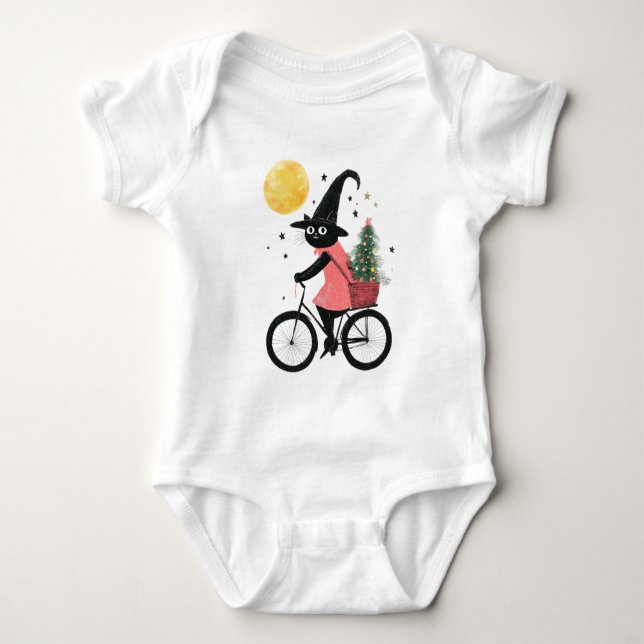 Häxa Svart Katt Cykling Söt och Kuslig Jul T Shirt (Framsida)