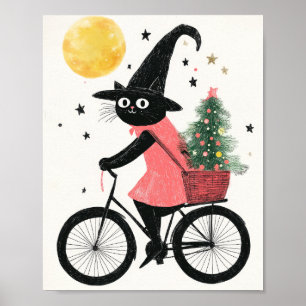 Häxa Svart Katt Cykling Söt och Skräckinjagande Ju Poster