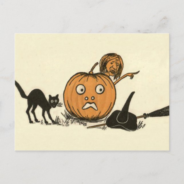 Häxa Svart Katt Jack O Lantern Vykort (Framsida)