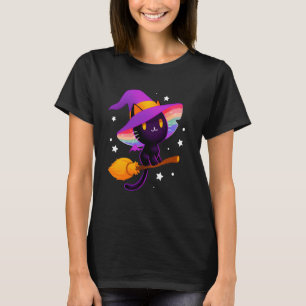 Häxa Svart Katt Med Regnbågshatt Och Magisk Kvast T Shirt