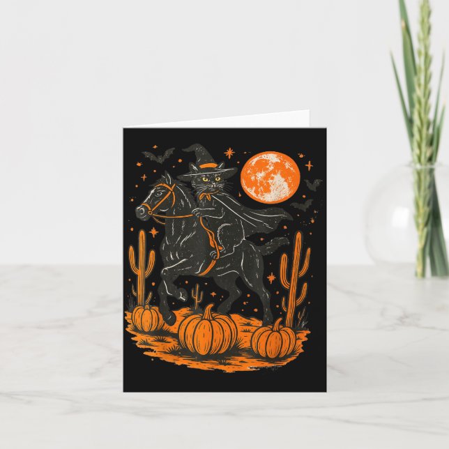 Häxa Svart Katt Ridande Häst Halloween Pumpa Kort (Framsida)