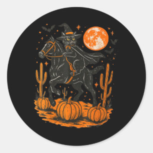 Häxa Svart Katt Ridande Häst Halloween Pumpa Runt Klistermärke