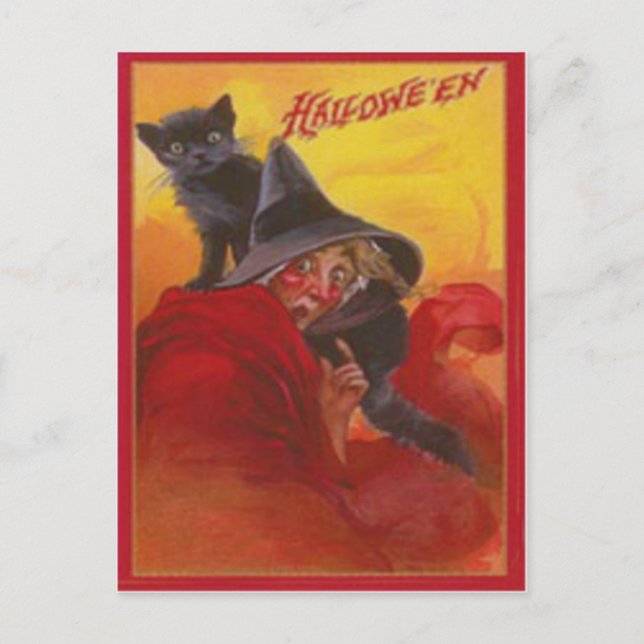 Häxa Svart Katt Vintage Halloween Vykort (Framsida)
