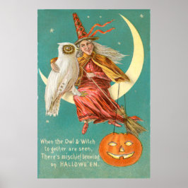Häxa Uggla Halvmåne Jack O Lantern Poster