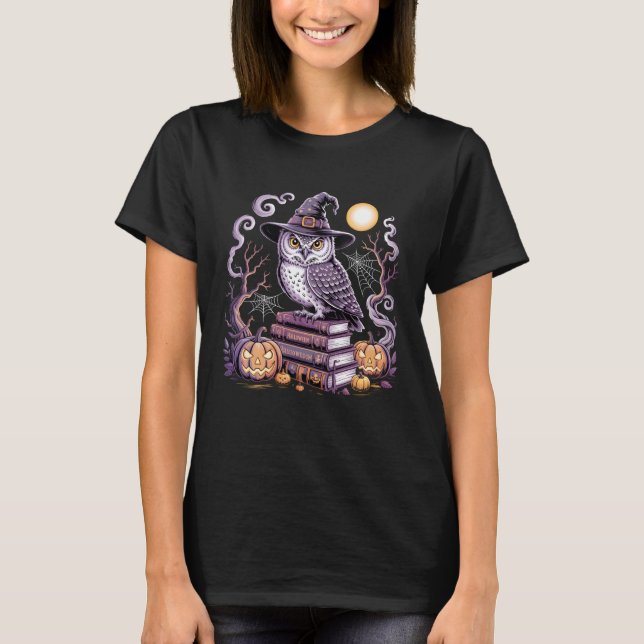 Häxa Uggle Pumpa Måne Halloween Kuslig Gotisk T Shirt (Framsida)