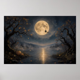 Häxa under fullmåne gotisk Halloween-sjö Poster