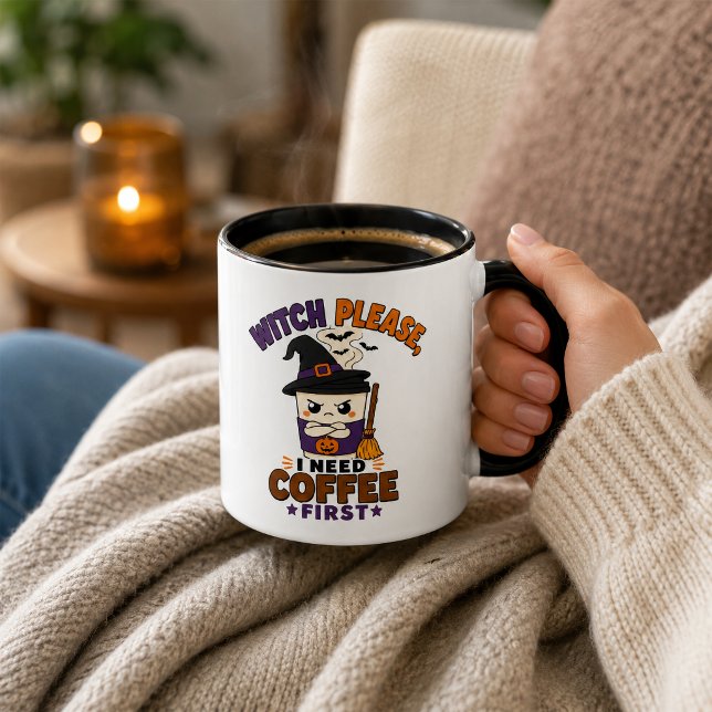 Häxa Vänligen Kaffe Först Svart Halloween Mugg (Skapare uppladdad)