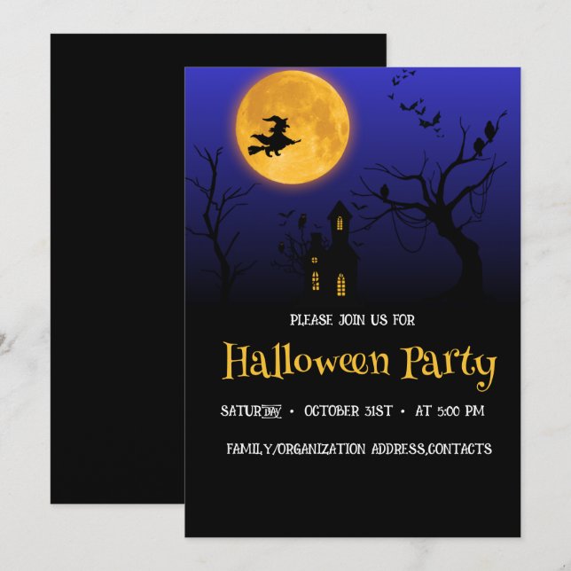 Häxans fullmåne Halloween-fest inbjudan (Fram/baksida)
