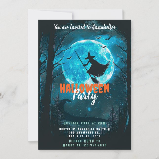 Häxans Fullmånefladdermöss Skog Halloween-fest Inbjudningar (Framsida)