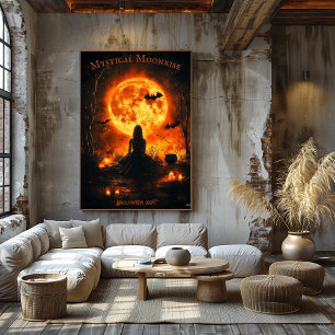 Häxans Halloween med fullmåne, ljus och fladdermös Poster