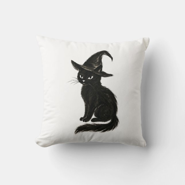 Häxans katt – svart bläck Halloween-illustration p Kudde (Framsida)