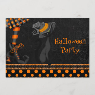 Häxben och söt katt Halloweenfest Inbjudningar