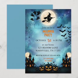 Häxflygande fullmåne Halloween-fest inbjudan