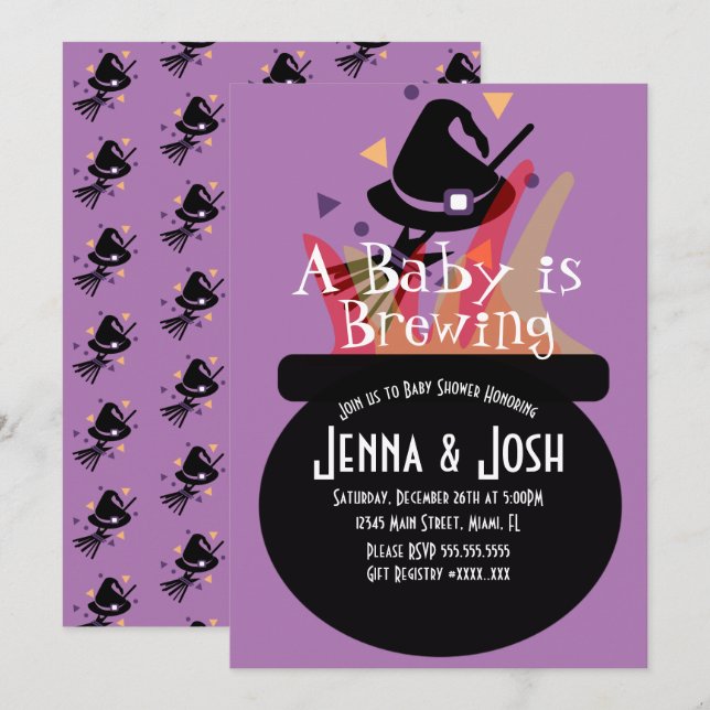 Häxgryta Kuslig Halloween Baby Shower Inbjudningar (Fram/baksida)
