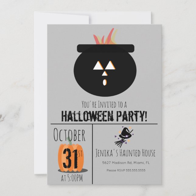 Häxhatt Kvast Halloween Caulderon Fest Inbjudan (Framsida)